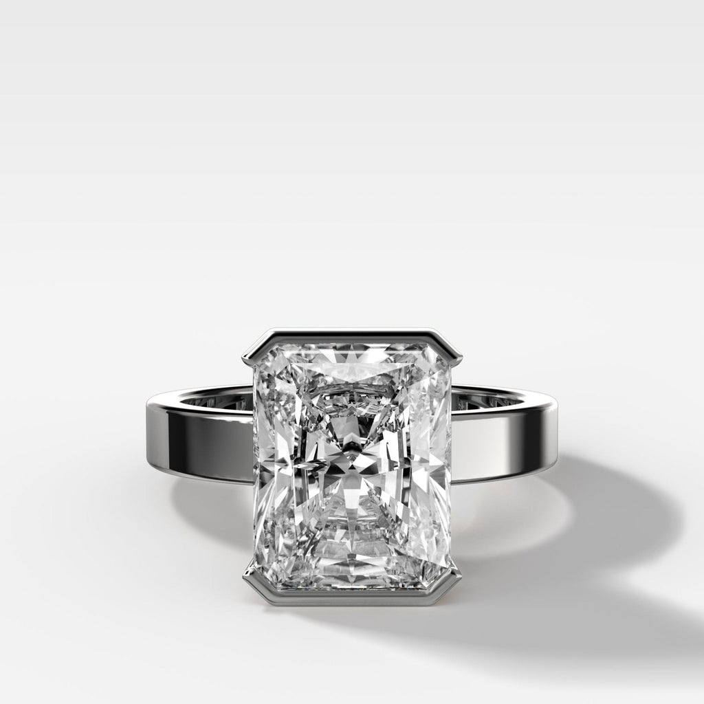 Finest Half Bezel Solitaire Engagement Ring With Elongated Radiant Cut Diamond