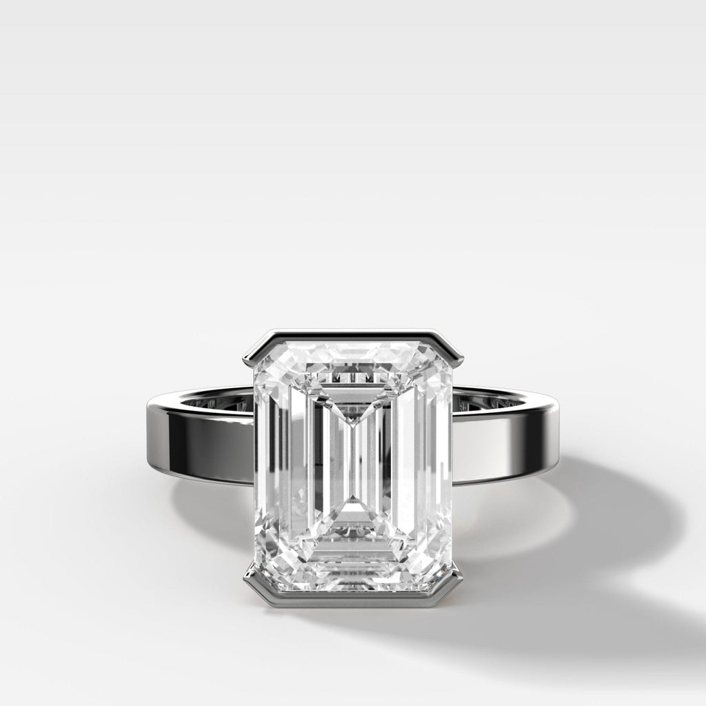 Finest Half Bezel Solitaire Engagement Ring With Emerald Cut Diamond