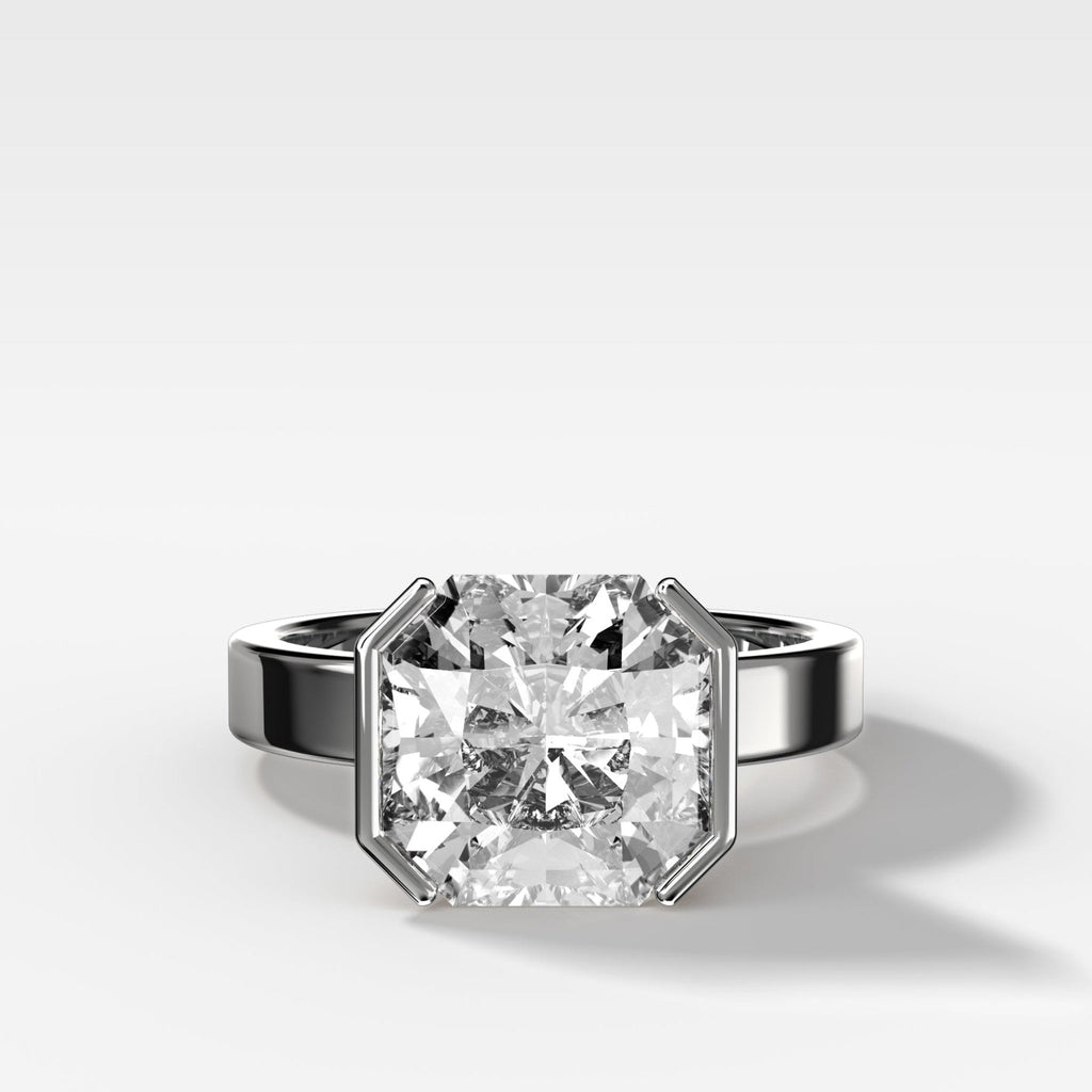 Finest Half Bezel Solitaire Engagement Ring With Square Radiant Cut Diamond