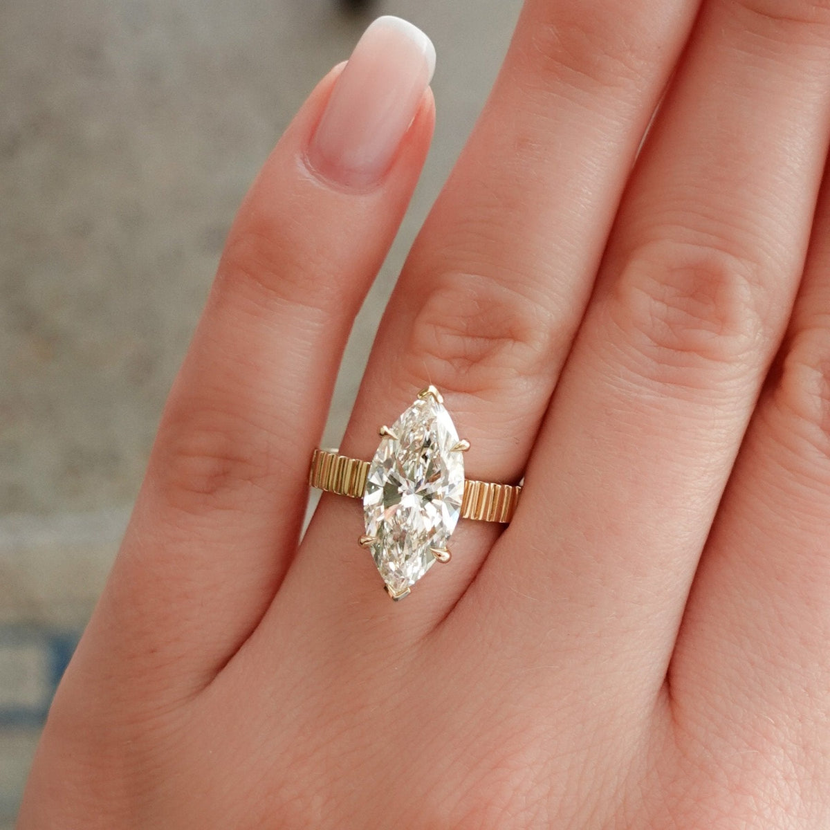 Finest Ridged Engagement Ring set with 4.02ct Lab Grown Marquise Cut Diamond