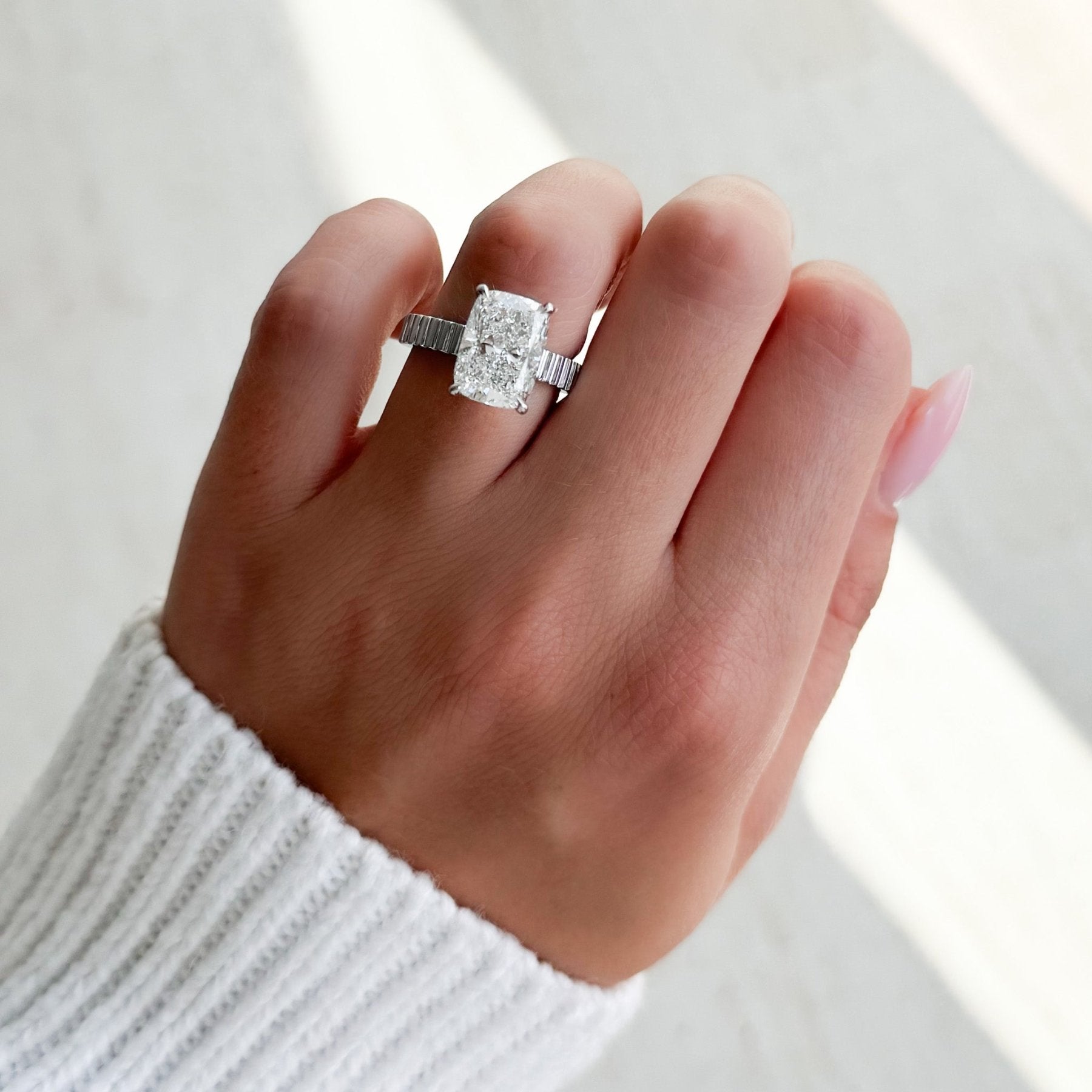 Finest Ridged Solitaire Engagement Ring With Elongated Cushion Cut Diamond