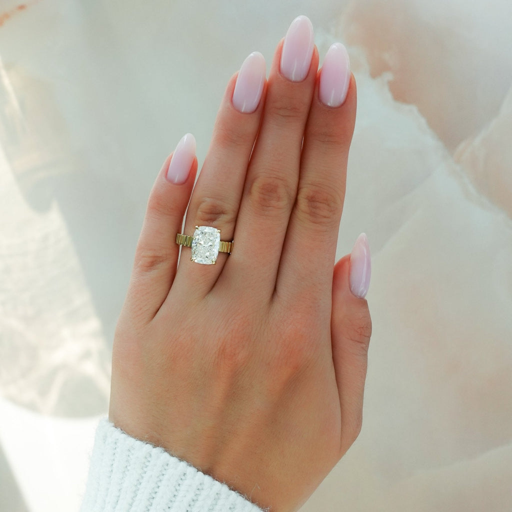 Finest Ridged Solitaire Engagement Ring With Elongated Cushion Cut Diamond