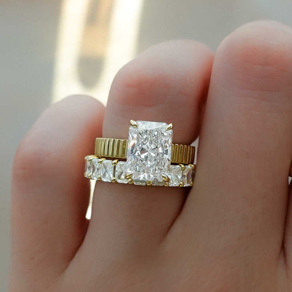 Finest Ridged Solitaire Engagement Ring With Elongated Radiant Cut Diamond