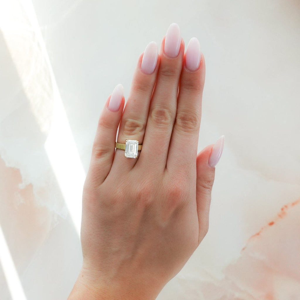 Finest Ridged Solitaire Engagement Ring With Emerald Cut Diamond