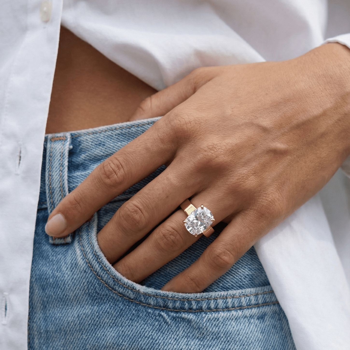 Finest Solitaire Engagement Ring With Elongated Cushion Cut Diamond
