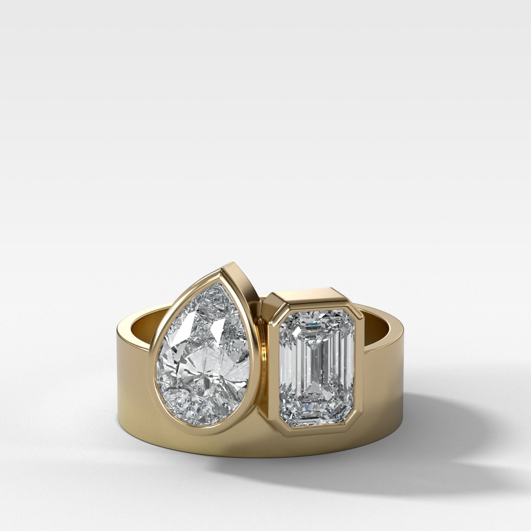 Finest Toi et Moi Bezel Engagement Ring with Pear and Emerald Cuts