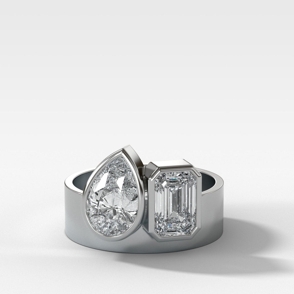 Finest Toi et Moi Bezel Engagement Ring with Pear and Emerald Cuts