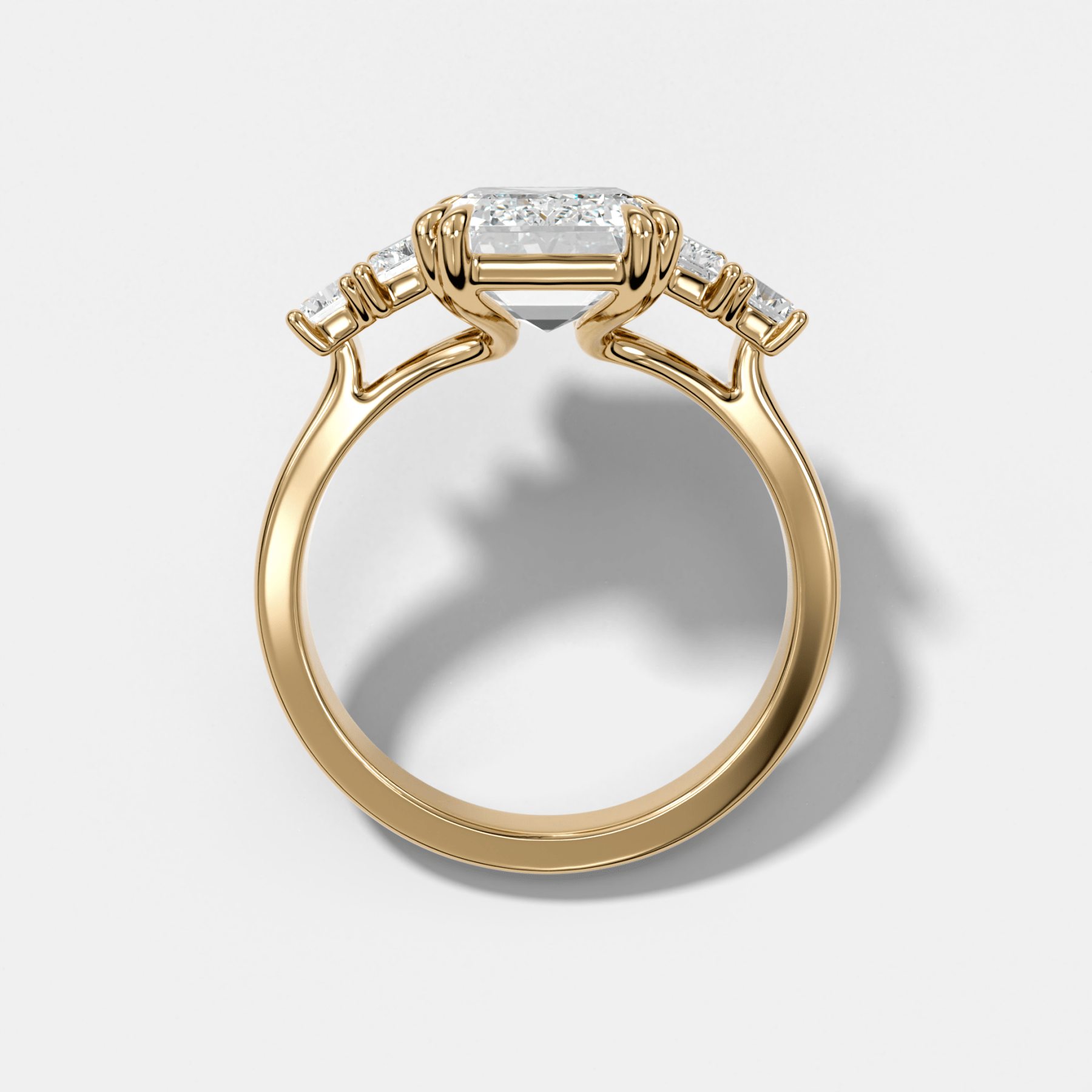 Five Stone Engagement Ring with Baguette Side Stones and Emerald Cut Diamond