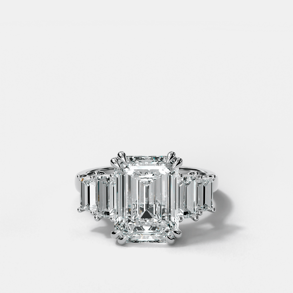 Five Stone Engagement Ring with Baguette Side Stones and Emerald Cut Diamond