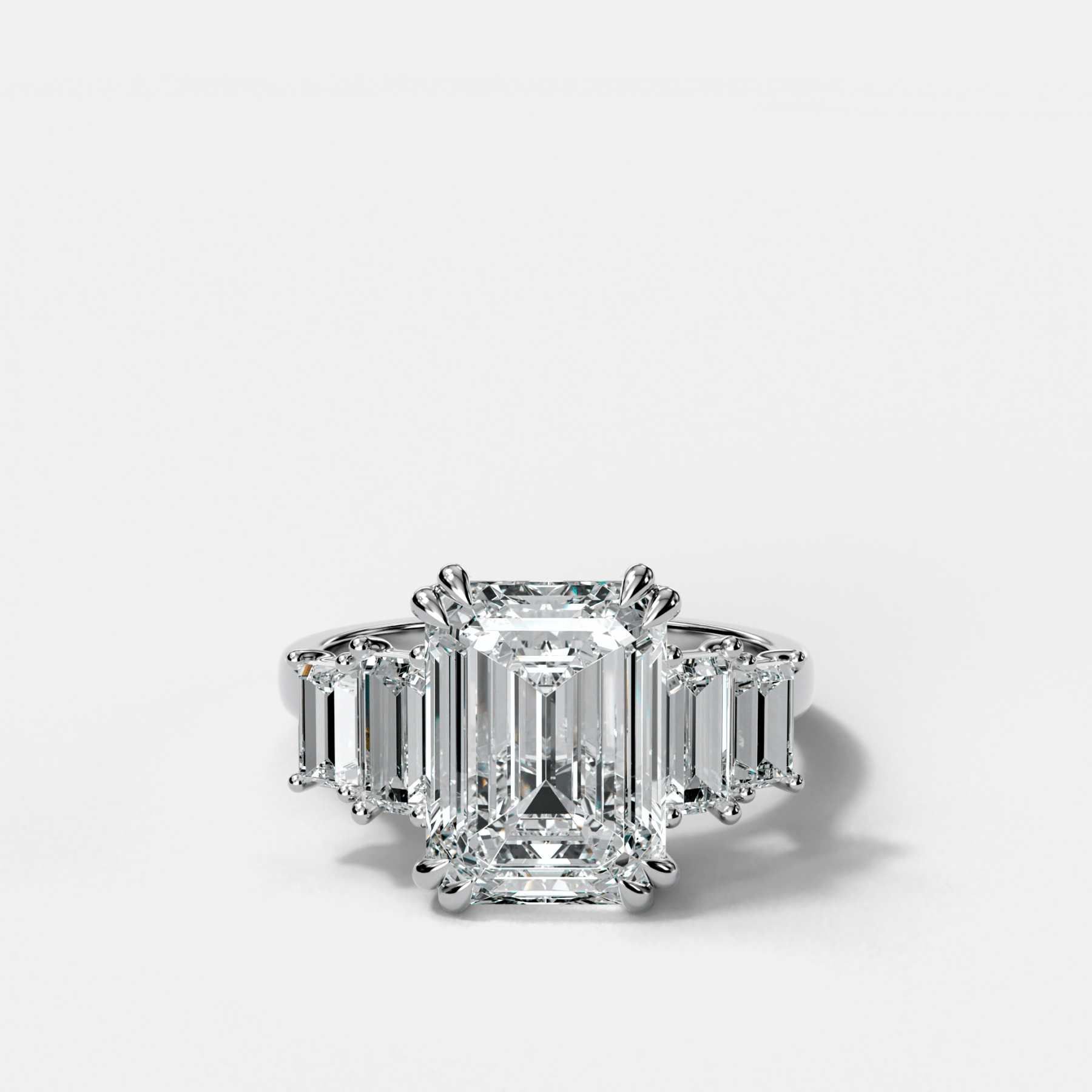 Five Stone Engagement Ring with Baguette Side Stones and Emerald Cut Diamond