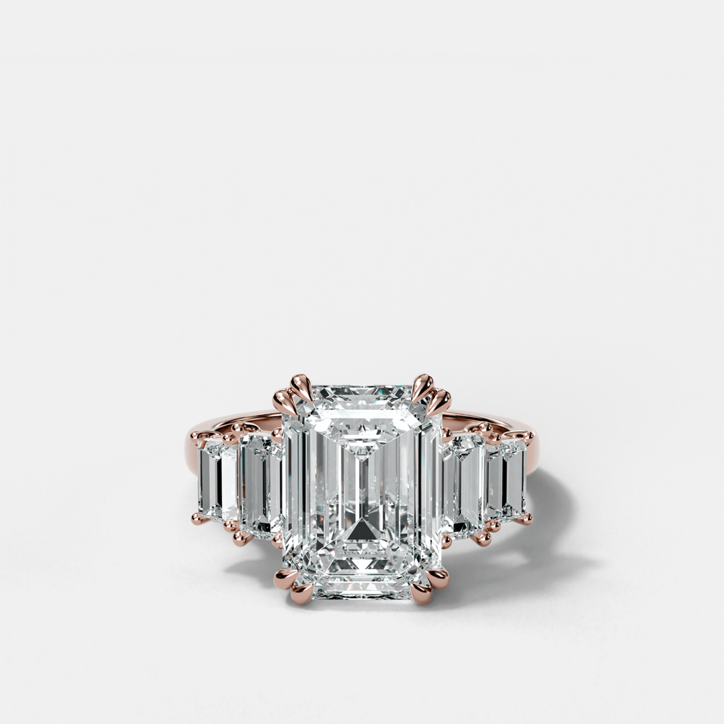 Five Stone Engagement Ring with Baguette Side Stones and Emerald Cut Diamond