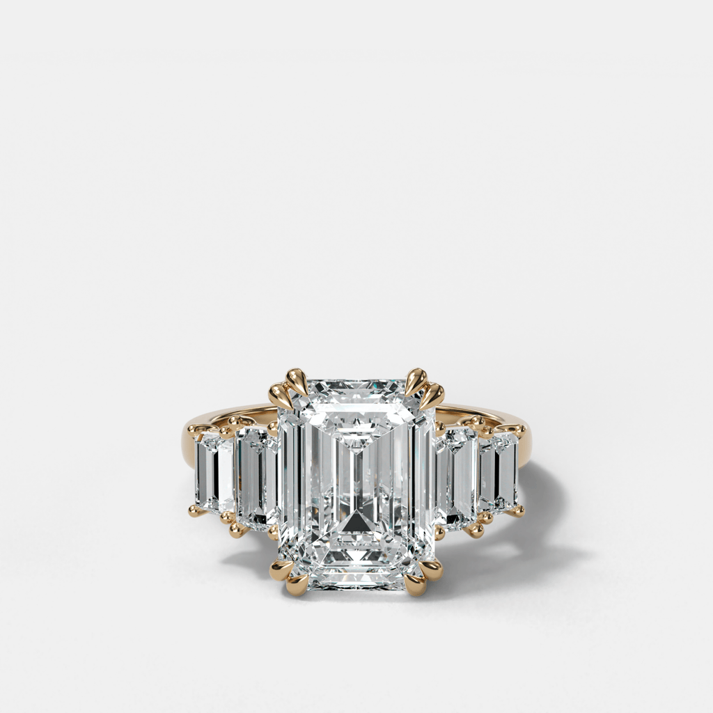 Five Stone Engagement Ring with Baguette Side Stones and Emerald Cut Diamond