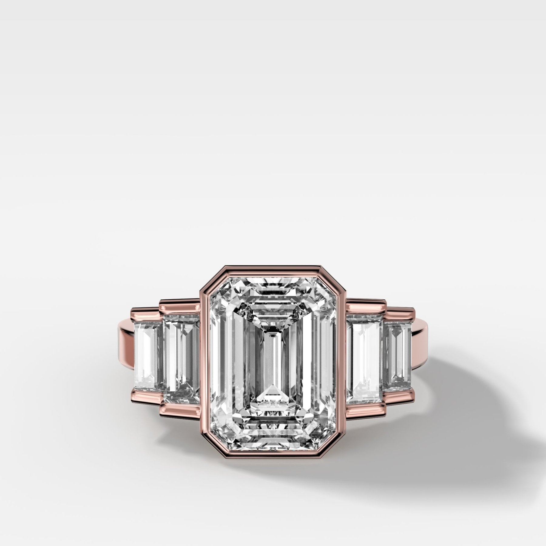 Five Stone Engagement Ring with Half Bezel Baguette Side Stones and Bezel Set Emerald Cut Diamond