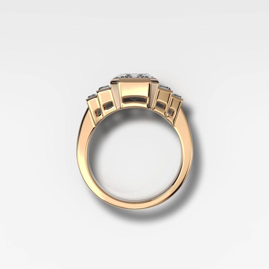 Five Stone Engagement Ring with Half Bezel Baguette Side Stones and Bezel Set Emerald Cut Diamond