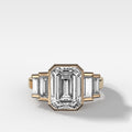 Five Stone Engagement Ring with Half Bezel Baguette Side Stones and Bezel Set Emerald Cut Diamond