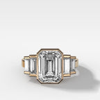 Five Stone Engagement Ring with Half Bezel Baguette Side Stones and Bezel Set Emerald Cut Diamond