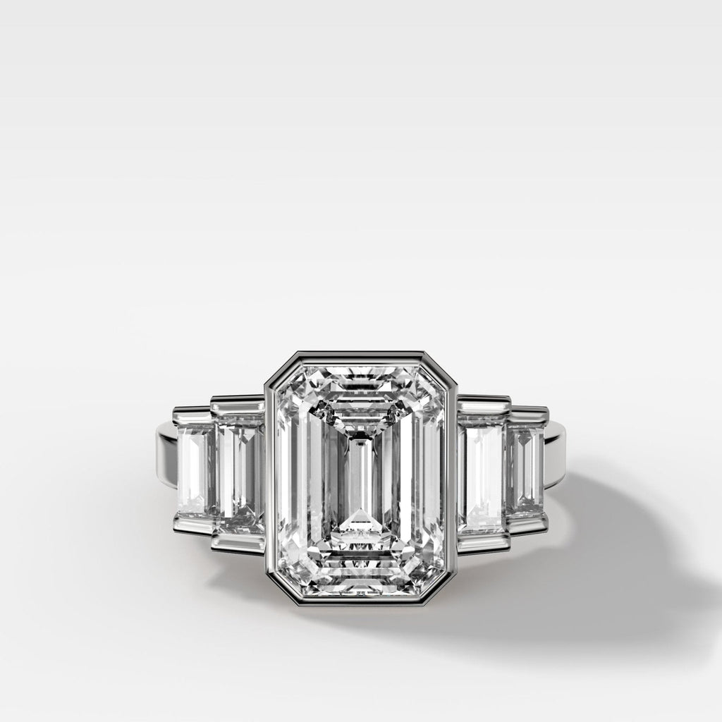 Five Stone Engagement Ring with Half Bezel Baguette Side Stones and Bezel Set Emerald Cut Diamond