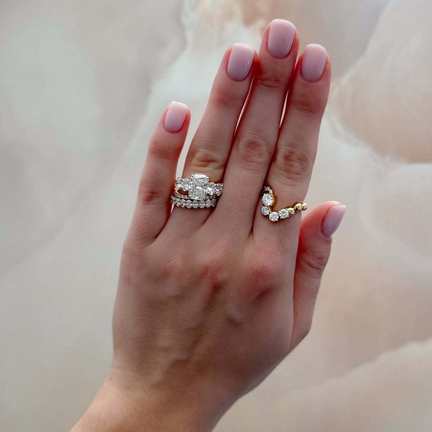 Five Stone Oval Engagement Ring With Elongated Cushion Cut Diamond