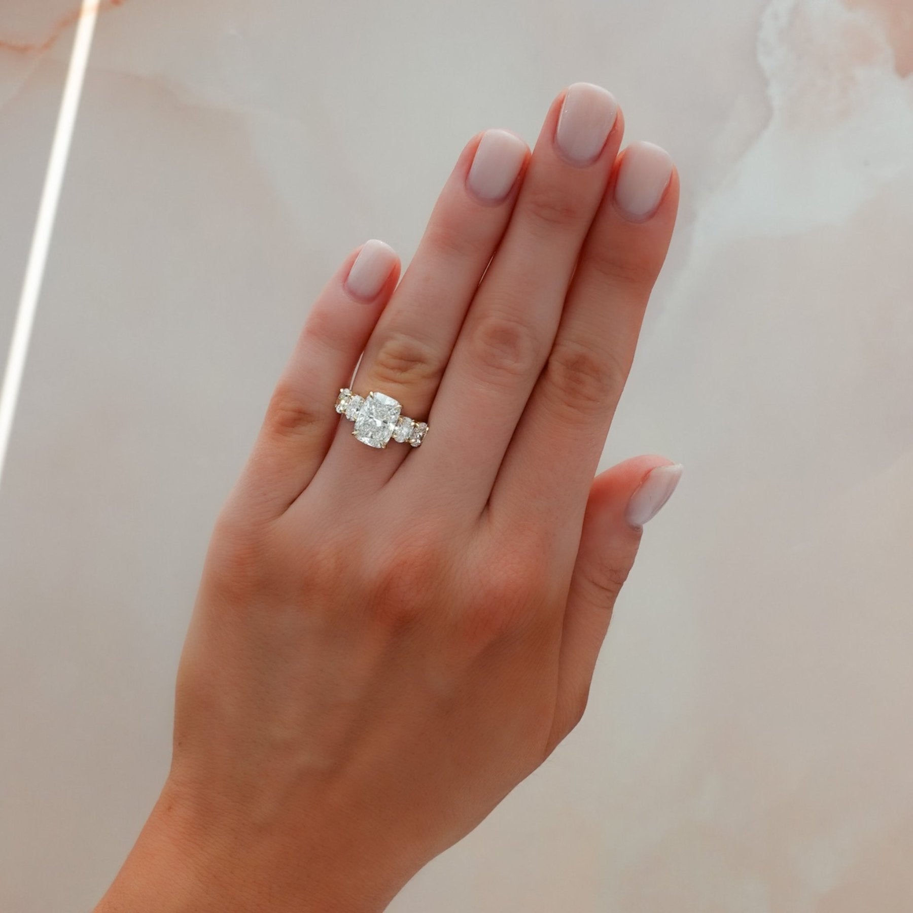 Five Stone Oval Engagement Ring With Elongated Cushion Cut Diamond