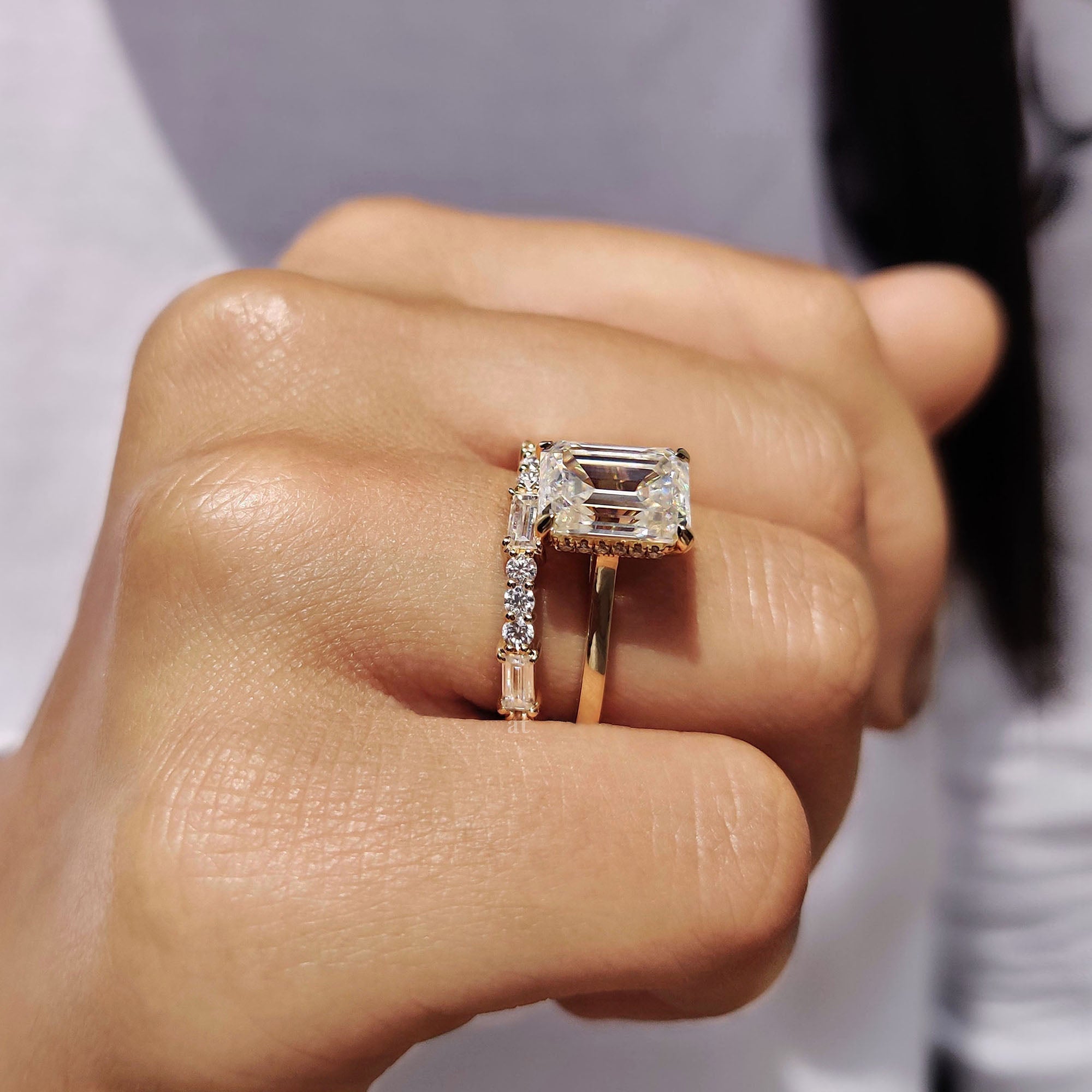 Hidden Halo Emerald Cut Engagement Ring With Eternity Band Secondary image
