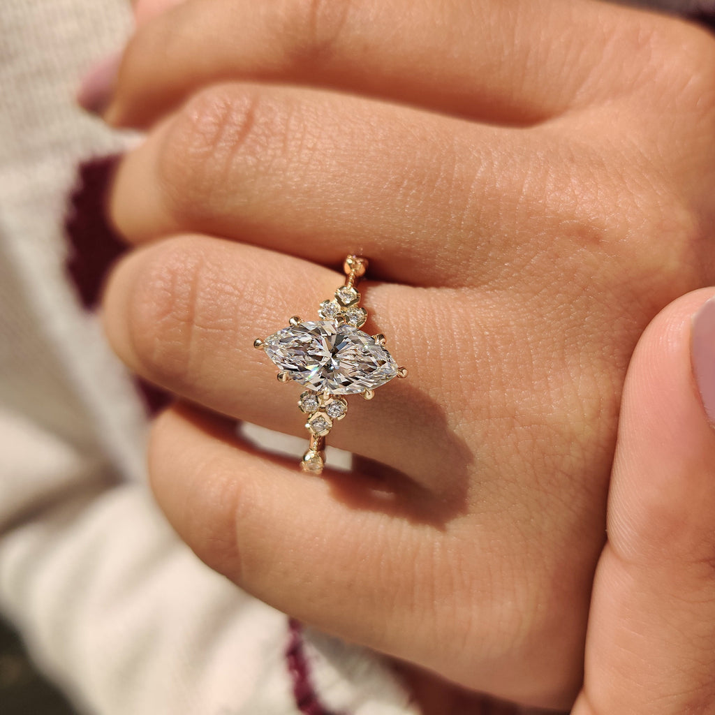 Vintage Style Marquise Lab Grown Diamond Ring with Milgrain Details