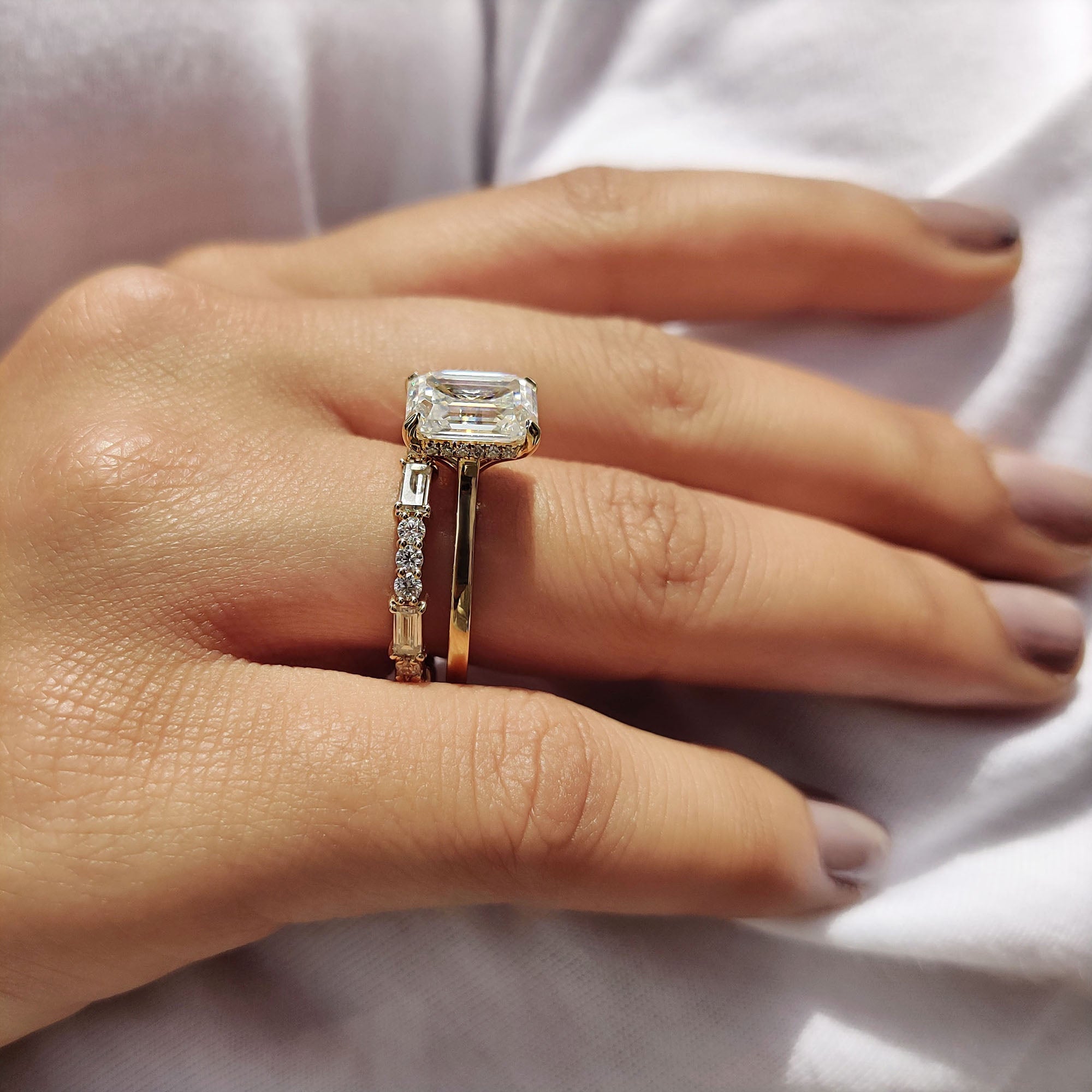 Hidden Halo Emerald Cut Engagement Ring With Eternity Band