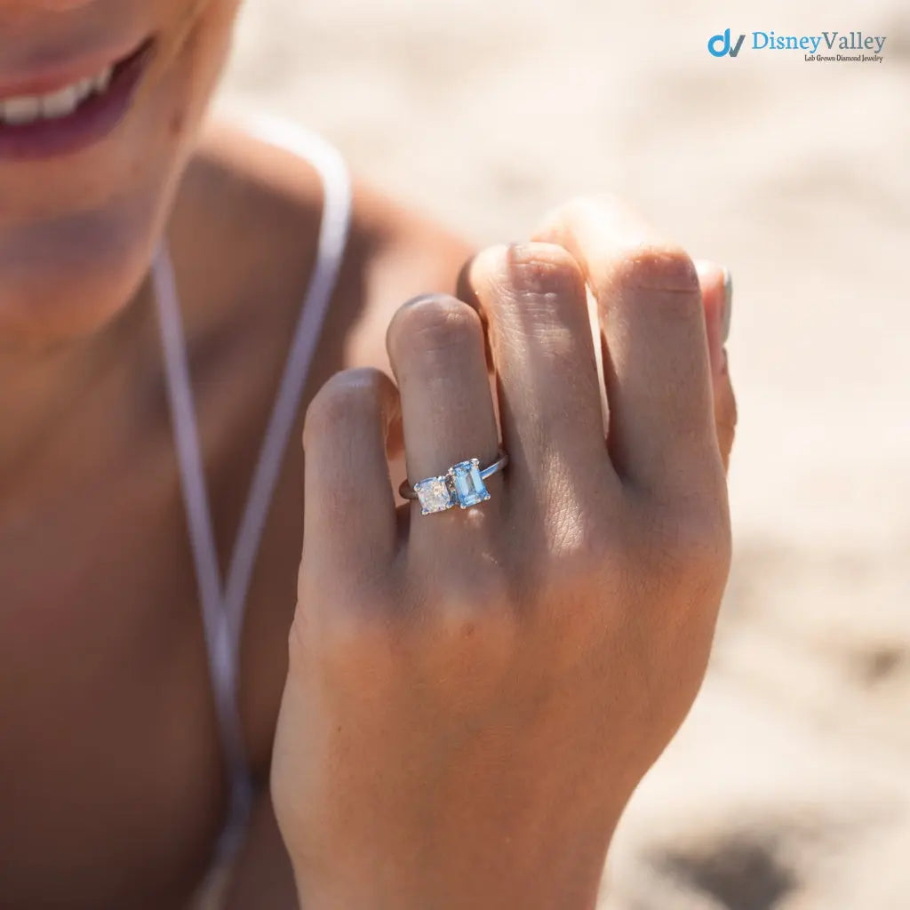 ice blue aqua spinel coupled with a IGI Certified cushion cut lab grown diamond Rings - DisneyValley