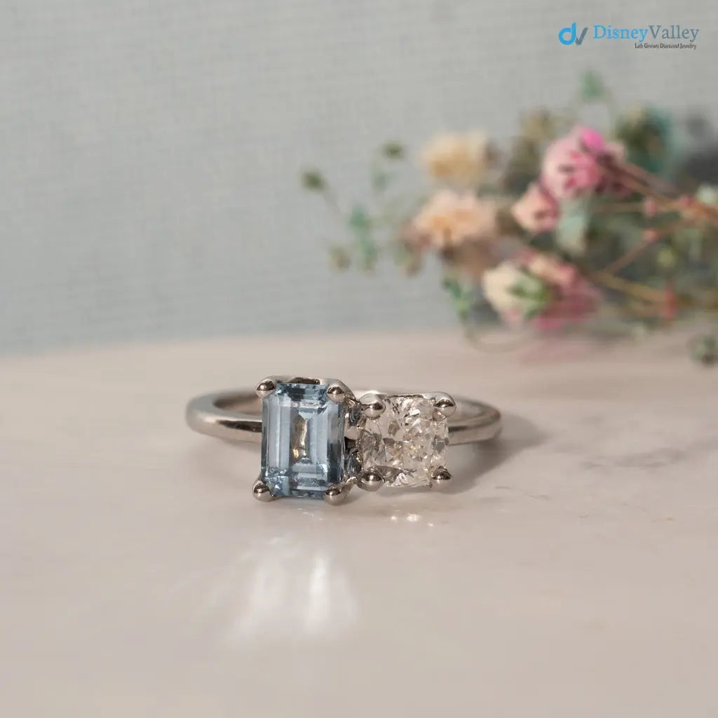 ice blue aqua spinel coupled with a IGI Certified cushion cut lab grown diamond Rings - DisneyValley