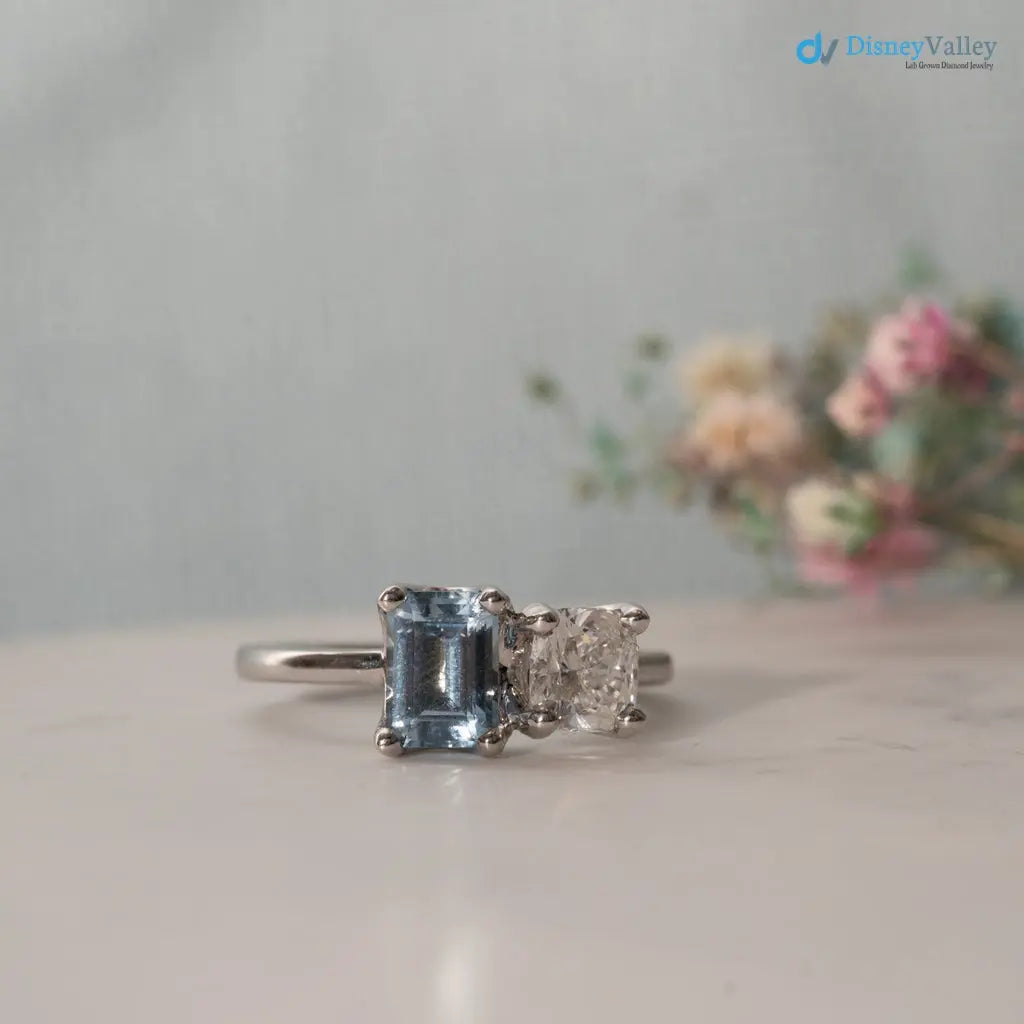 ice blue aqua spinel coupled with a IGI Certified cushion cut lab grown diamond Rings - DisneyValley