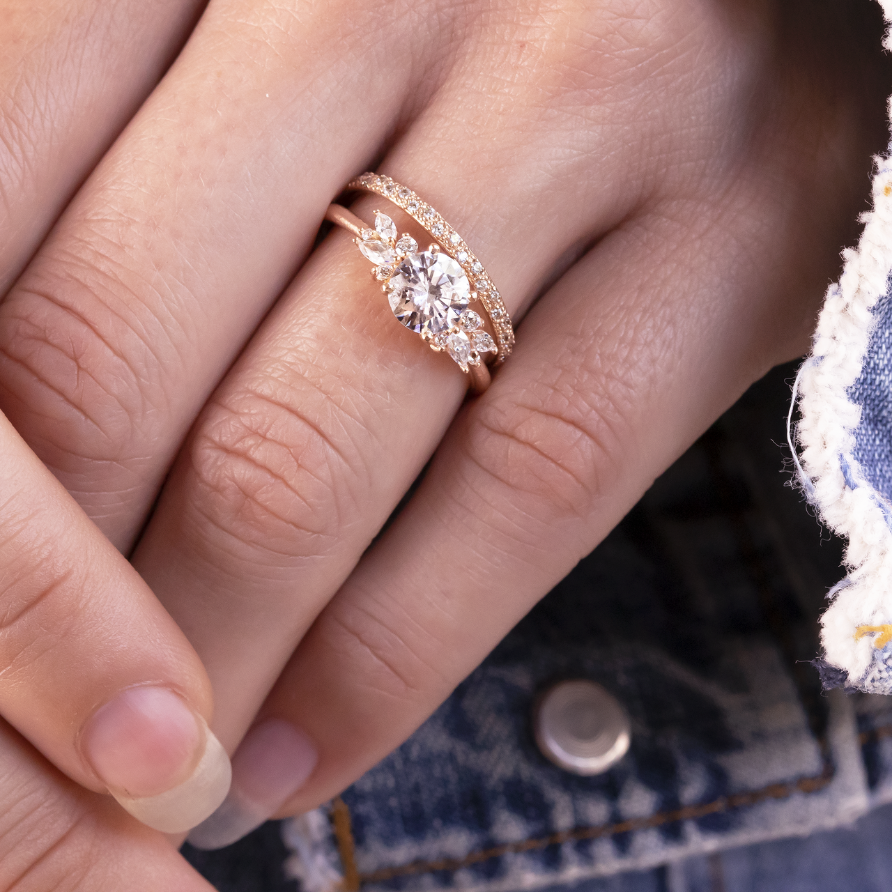 1.0 CT Round Cut Moissanite Cluster Style Engagement Ring