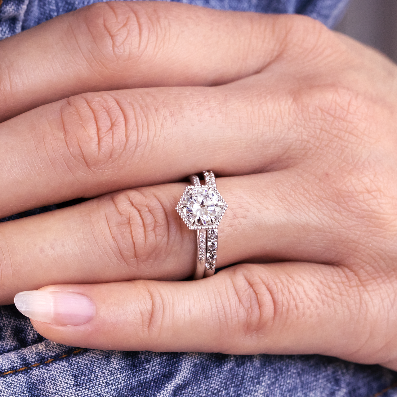 1.20 CT Round Cut Hexagon Style Moissanite Solitaire Engagement Ring