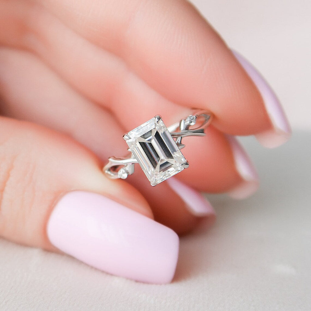 2.0CT Emerald Cut Moissanite Nature Inspired Style Engagement Ring