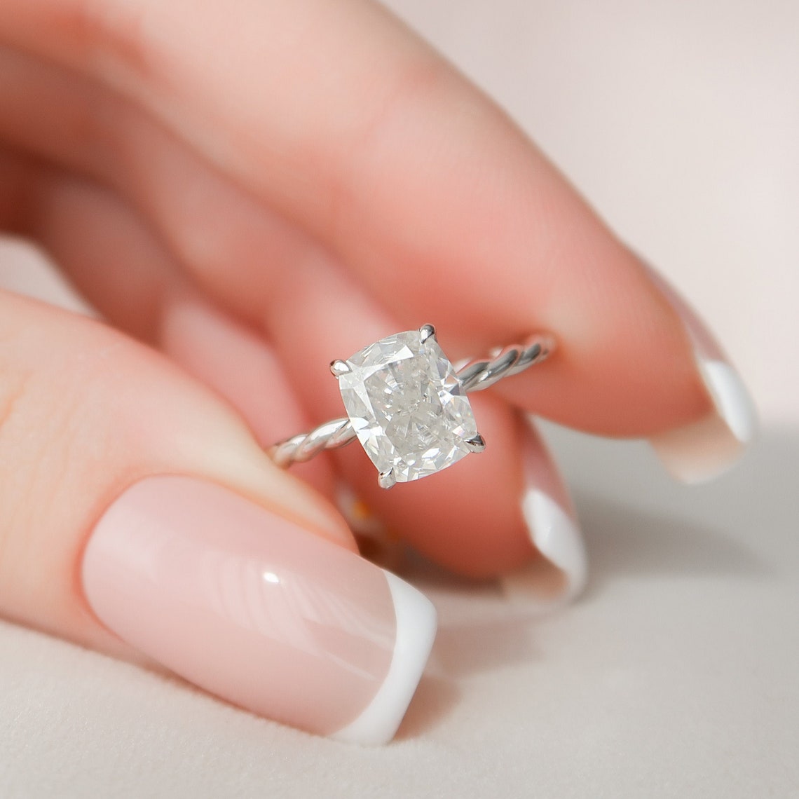 2.0 CT Elongated Cushion Moissanite Hidden Halo Engagement Ring