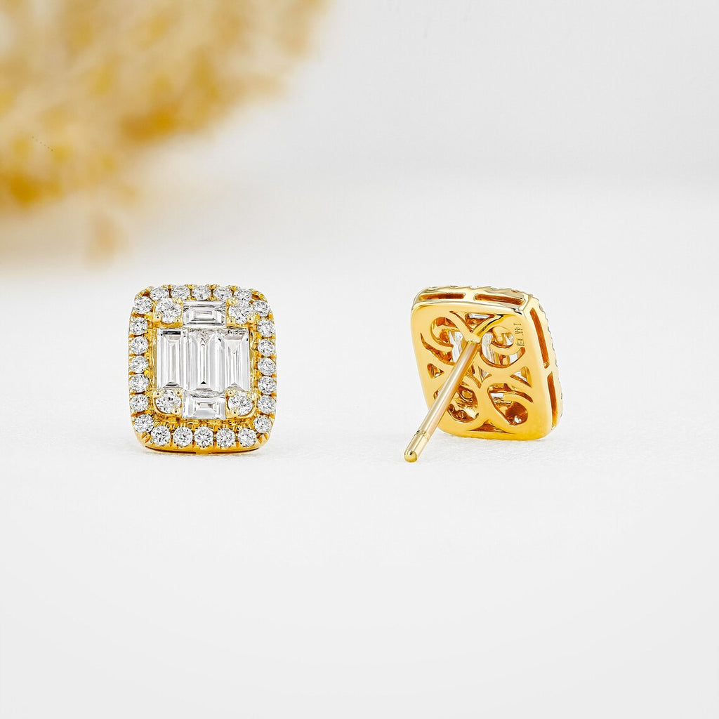 1.30 TCW Round & Baguette Moissanite Diamond Halo Stud Earrings