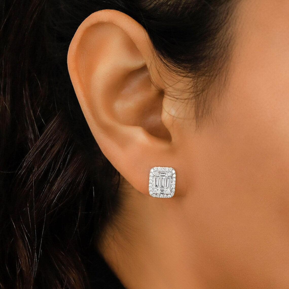 1.30 TCW Round & Baguette Moissanite Diamond Halo Stud Earrings