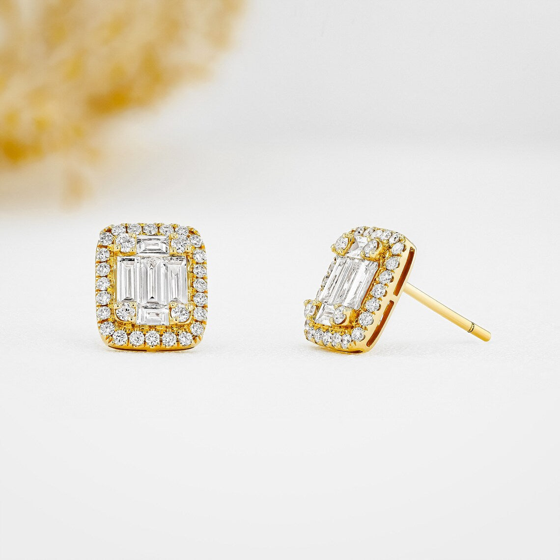 1.30 TCW Round & Baguette Moissanite Diamond Halo Stud Earrings
