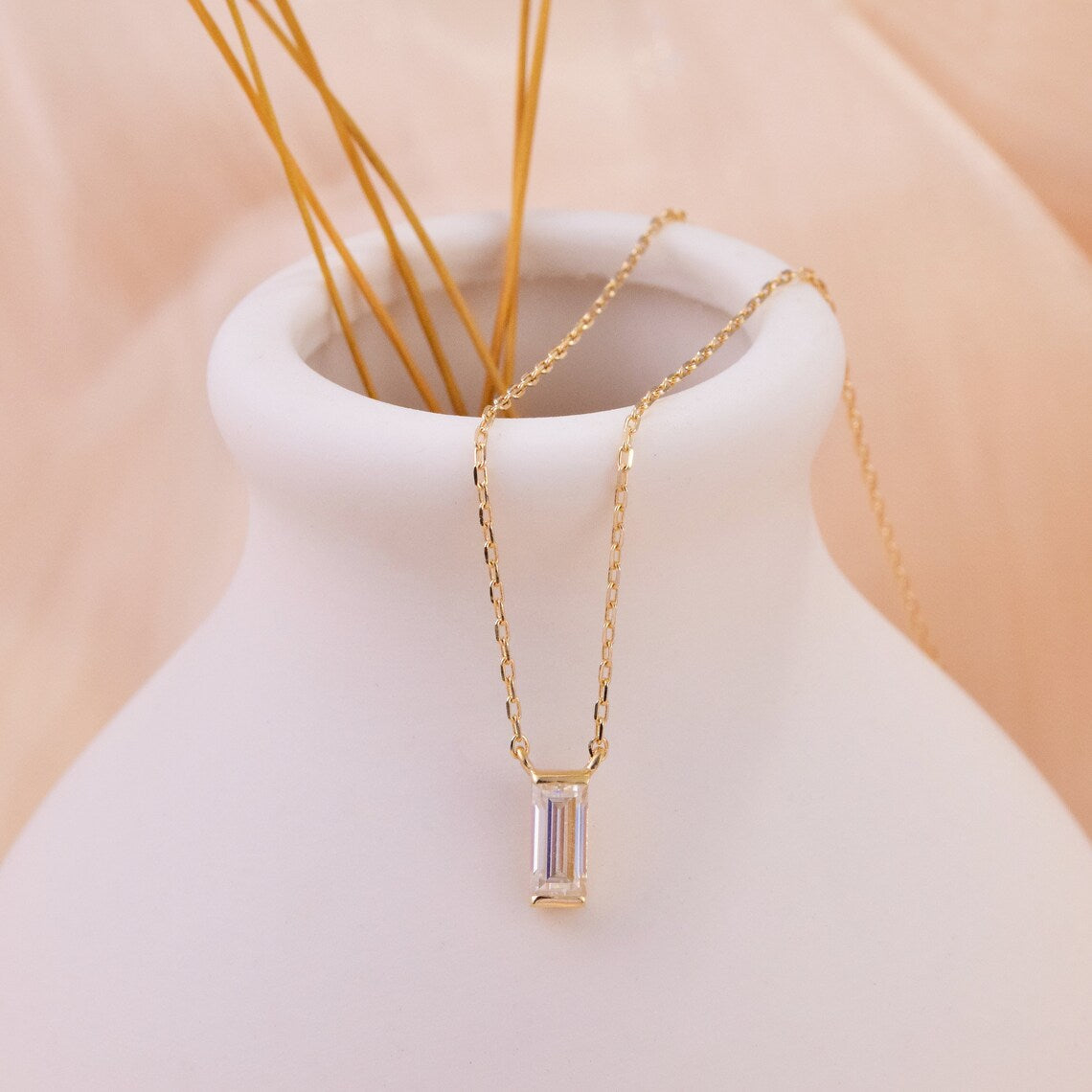 0.10 TCW Baguette Moissanite Diamond Solitaire Necklace