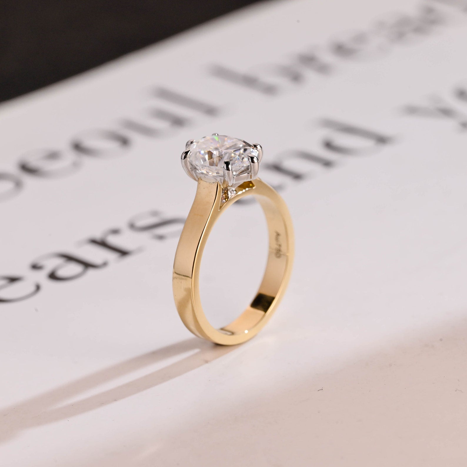 Solid Gold 3mm Band Oval Cut Moissanite Engagement Ring, Two-Tone Ring