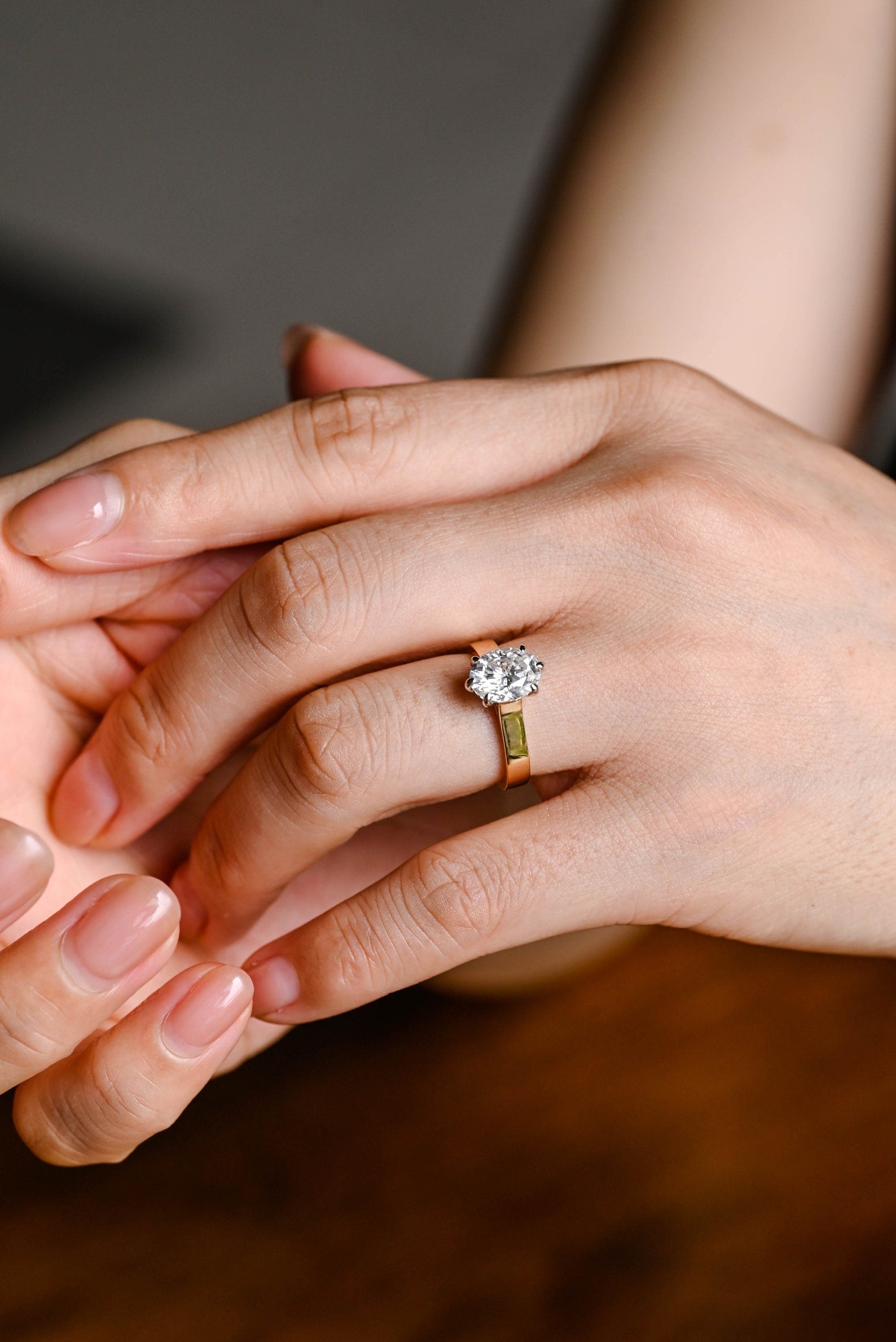 Solid Gold 3mm Band Oval Cut Moissanite Engagement Ring, Two-Tone Ring