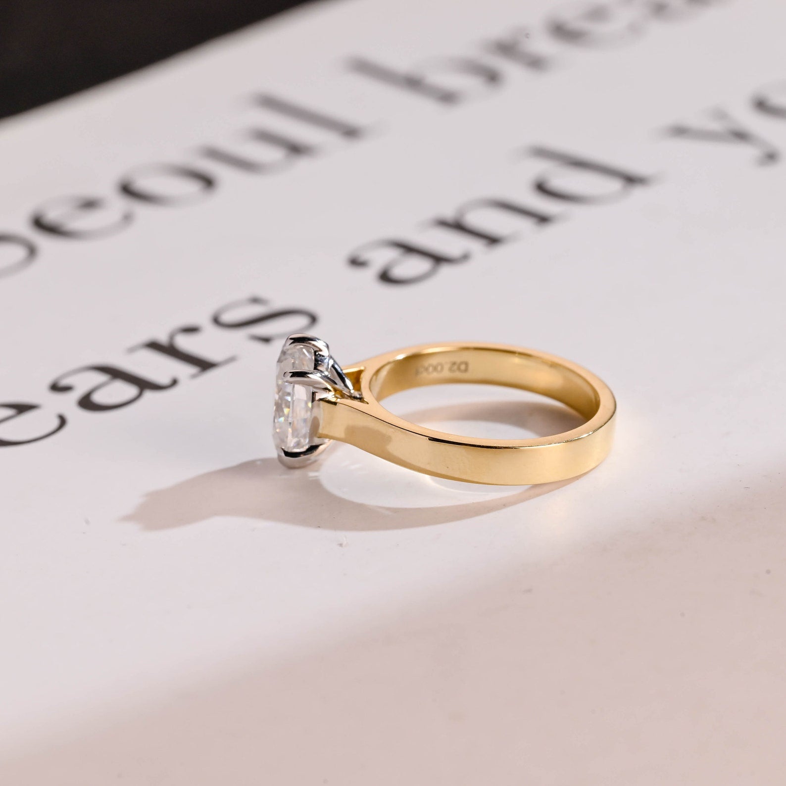 Solid Gold 3mm Band Oval Cut Moissanite Engagement Ring, Two-Tone Ring