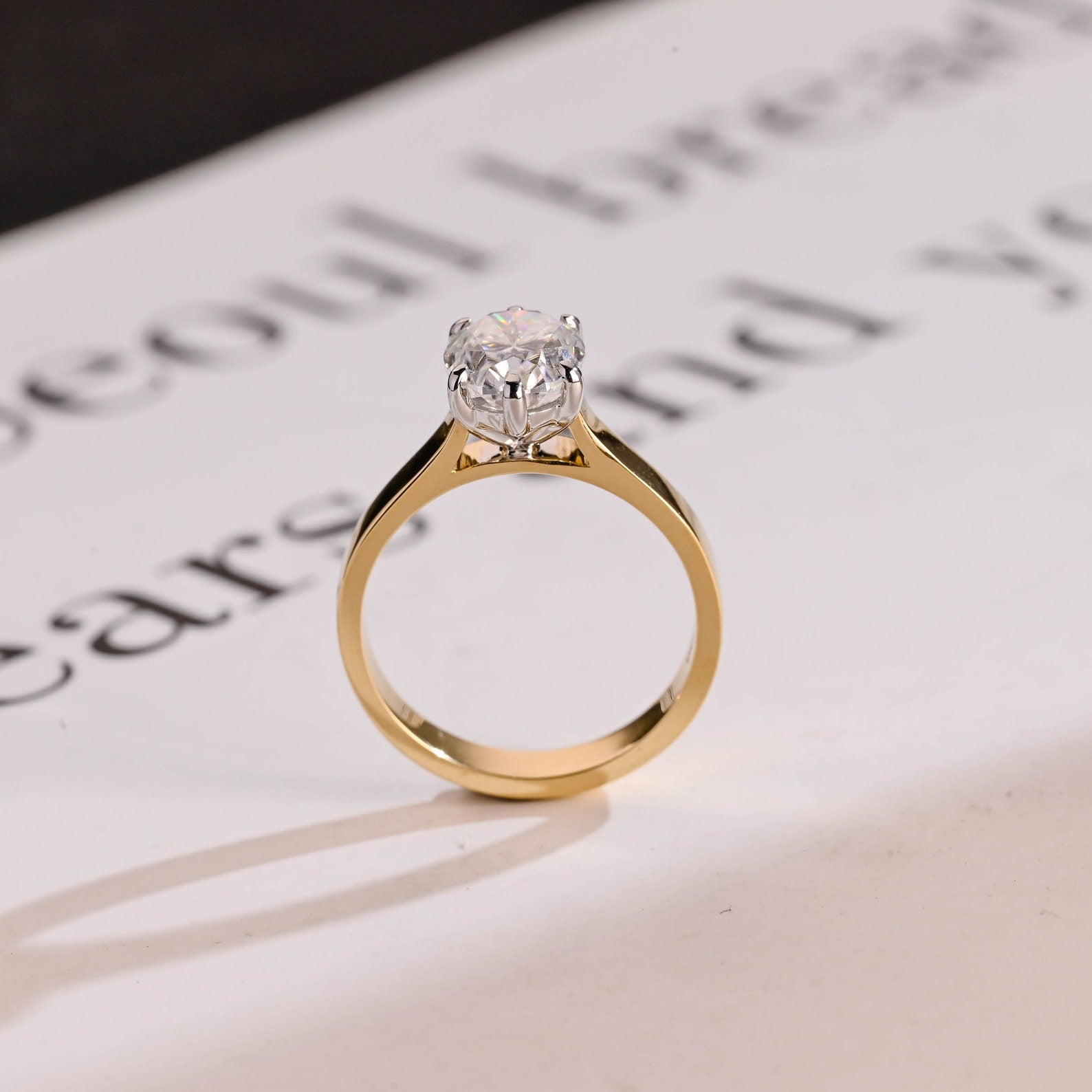Solid Gold 3mm Band Oval Cut Moissanite Engagement Ring, Two-Tone Ring