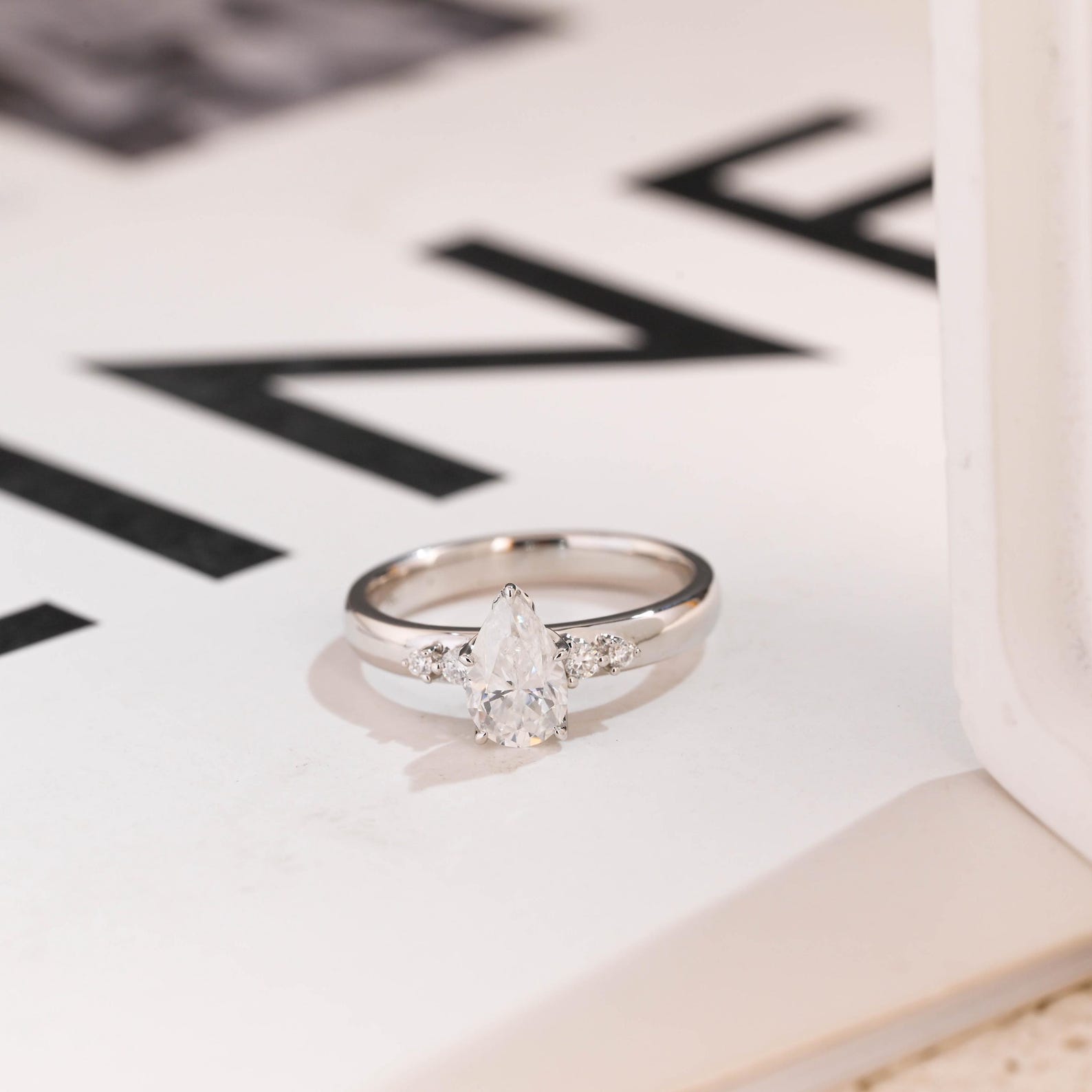 Solid Gold Pear Moissanite Engagement Ring, 3mm Wide Band Ring Main image