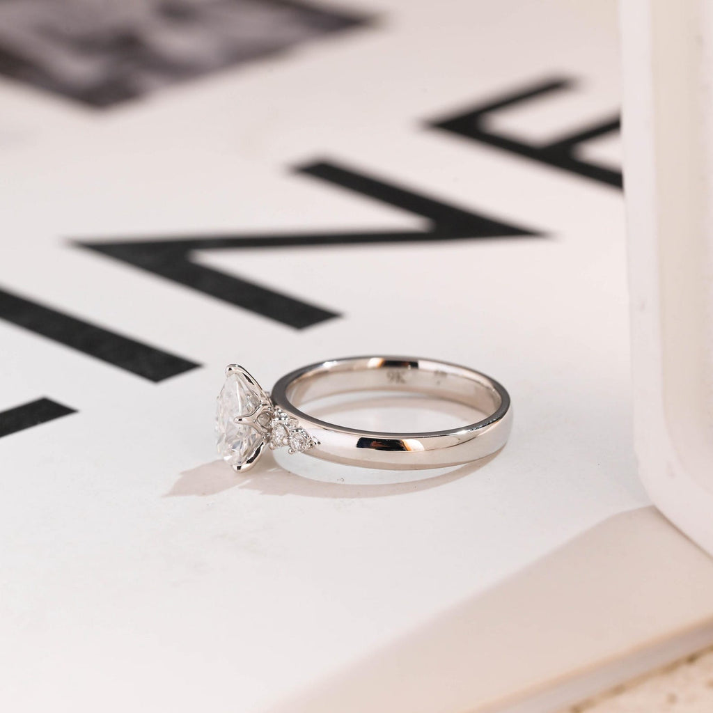 Solid Gold Pear Moissanite Engagement Ring, 3mm Wide Band Ring