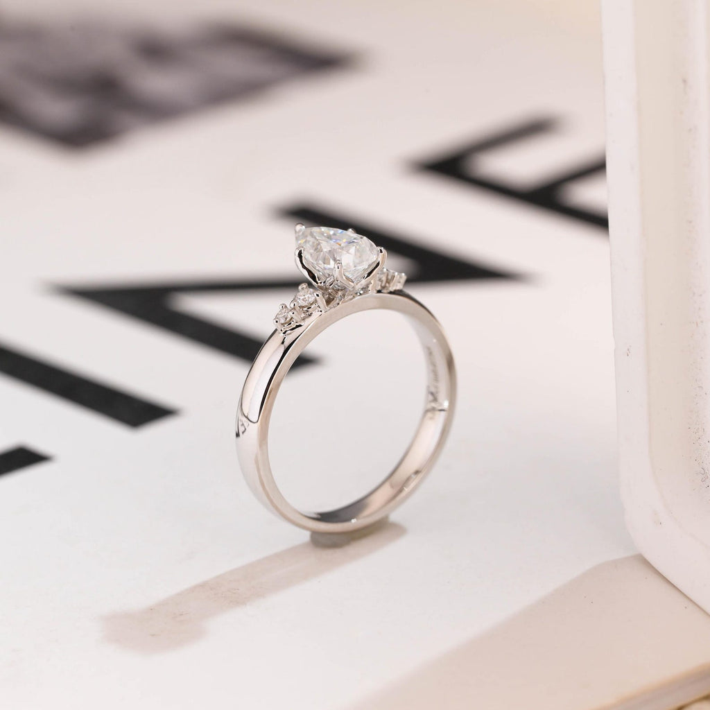 Solid Gold Pear Moissanite Engagement Ring, 3mm Wide Band Ring