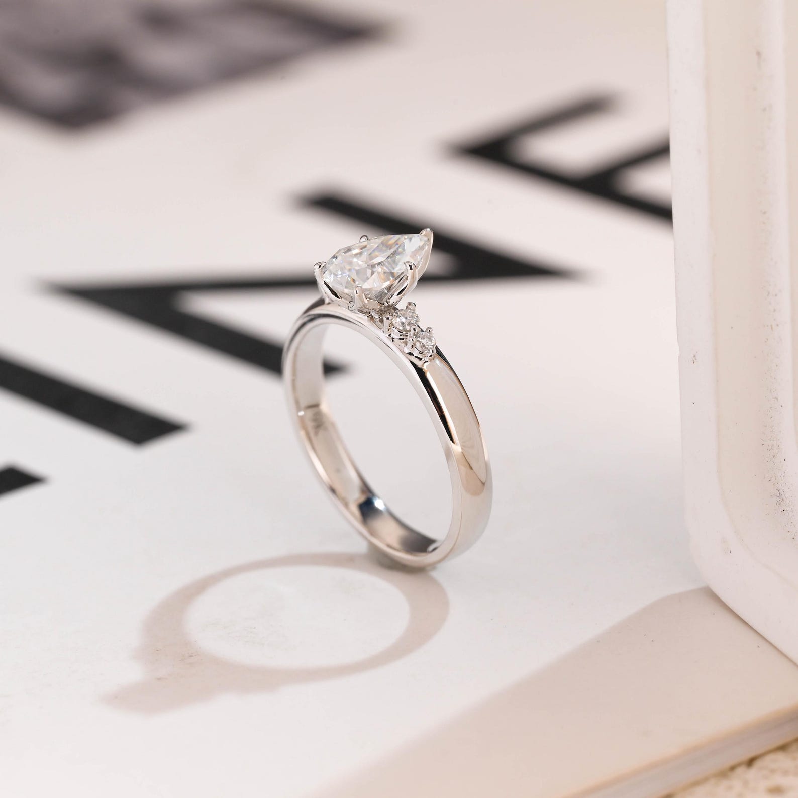 Solid Gold Pear Moissanite Engagement Ring, 3mm Wide Band Ring