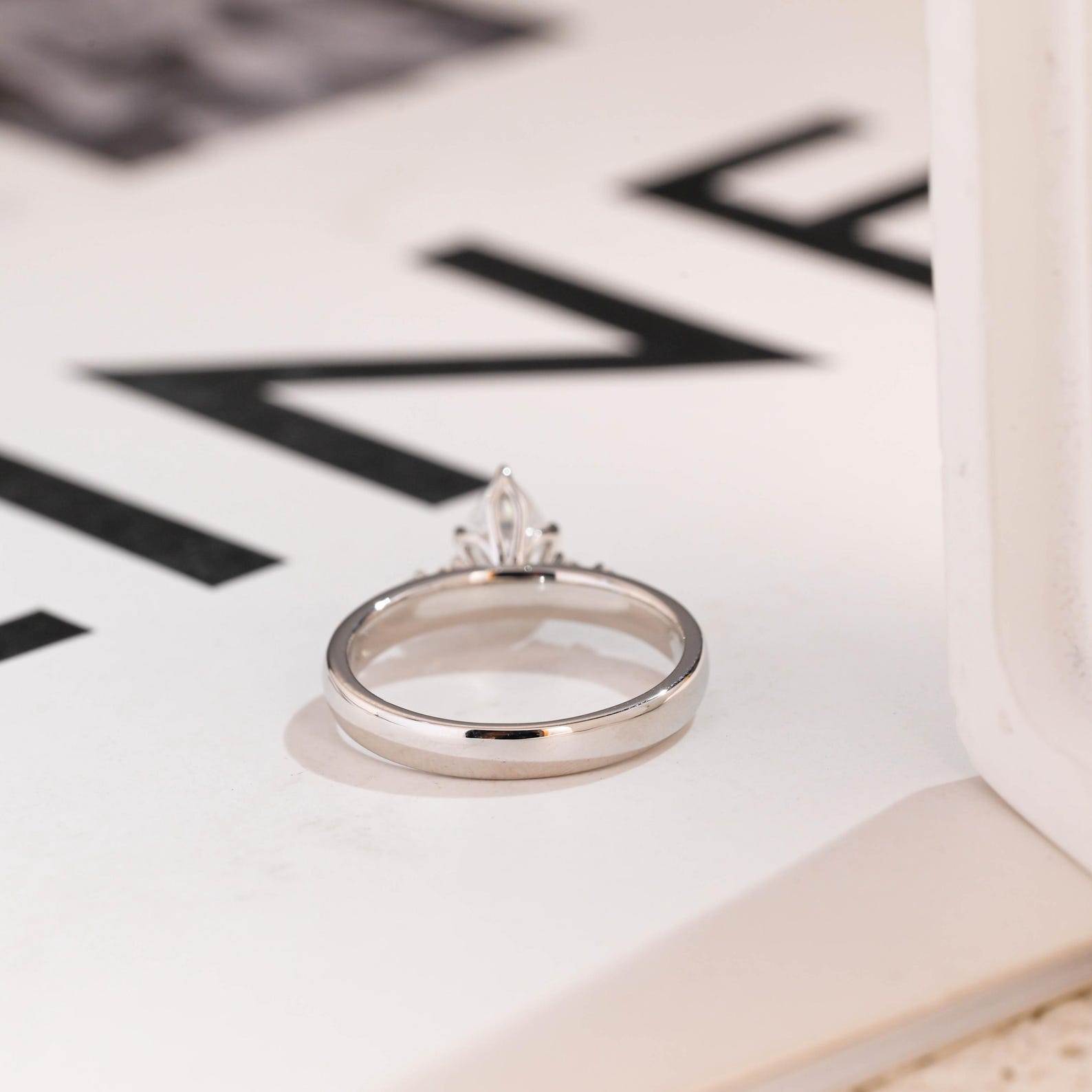 Solid Gold Pear Moissanite Engagement Ring, 3mm Wide Band Ring