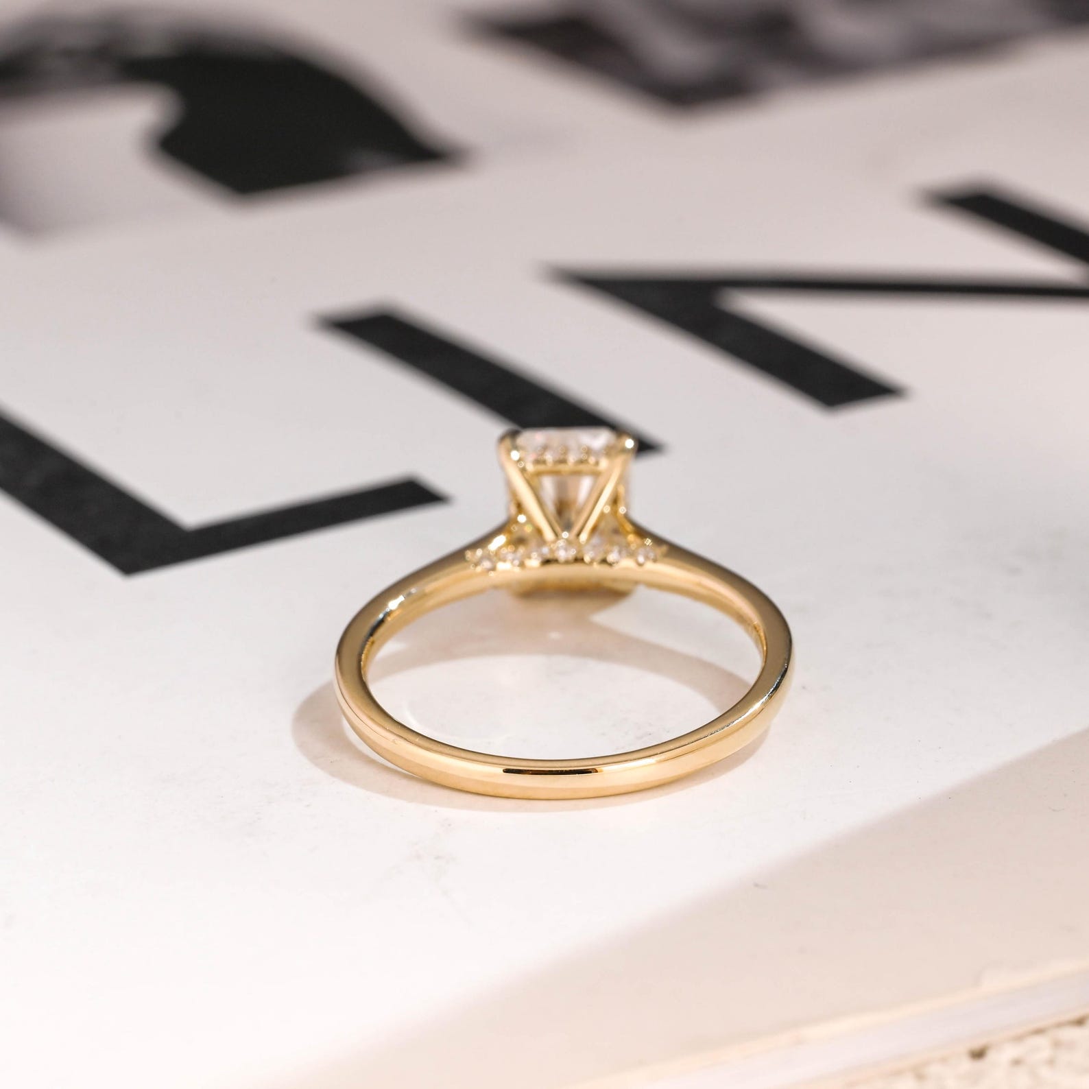 Solid Gold Radiant Cut Moissanite Engagement Ring, Cathedral Hidden Halo Ring