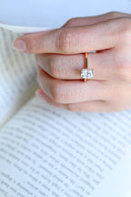 Solid Gold Radiant Cut Moissanite Engagement Ring, Cathedral Hidden Halo Ring