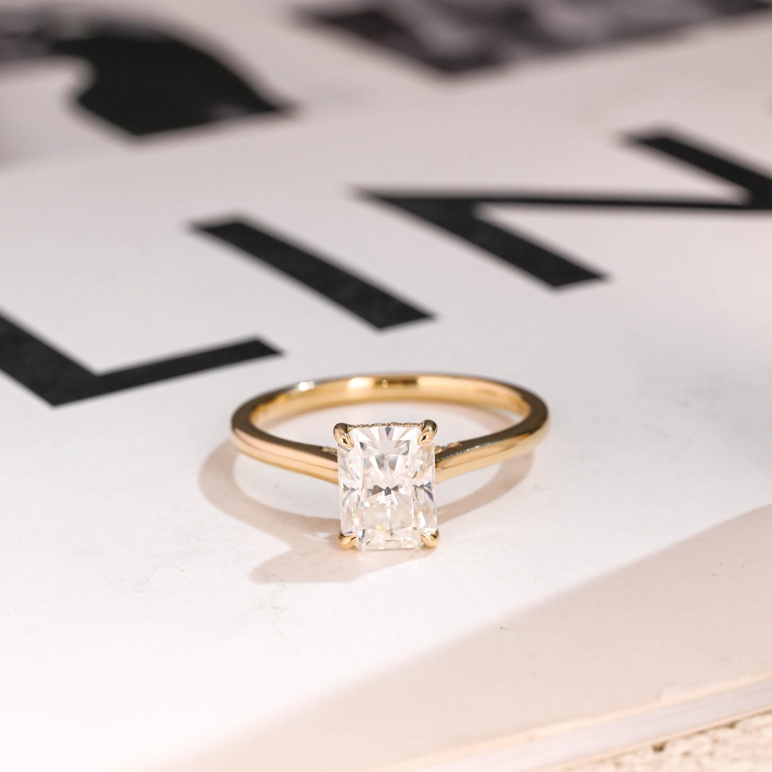 Solid Gold Radiant Cut Moissanite Engagement Ring, Cathedral Hidden Halo Ring Main image