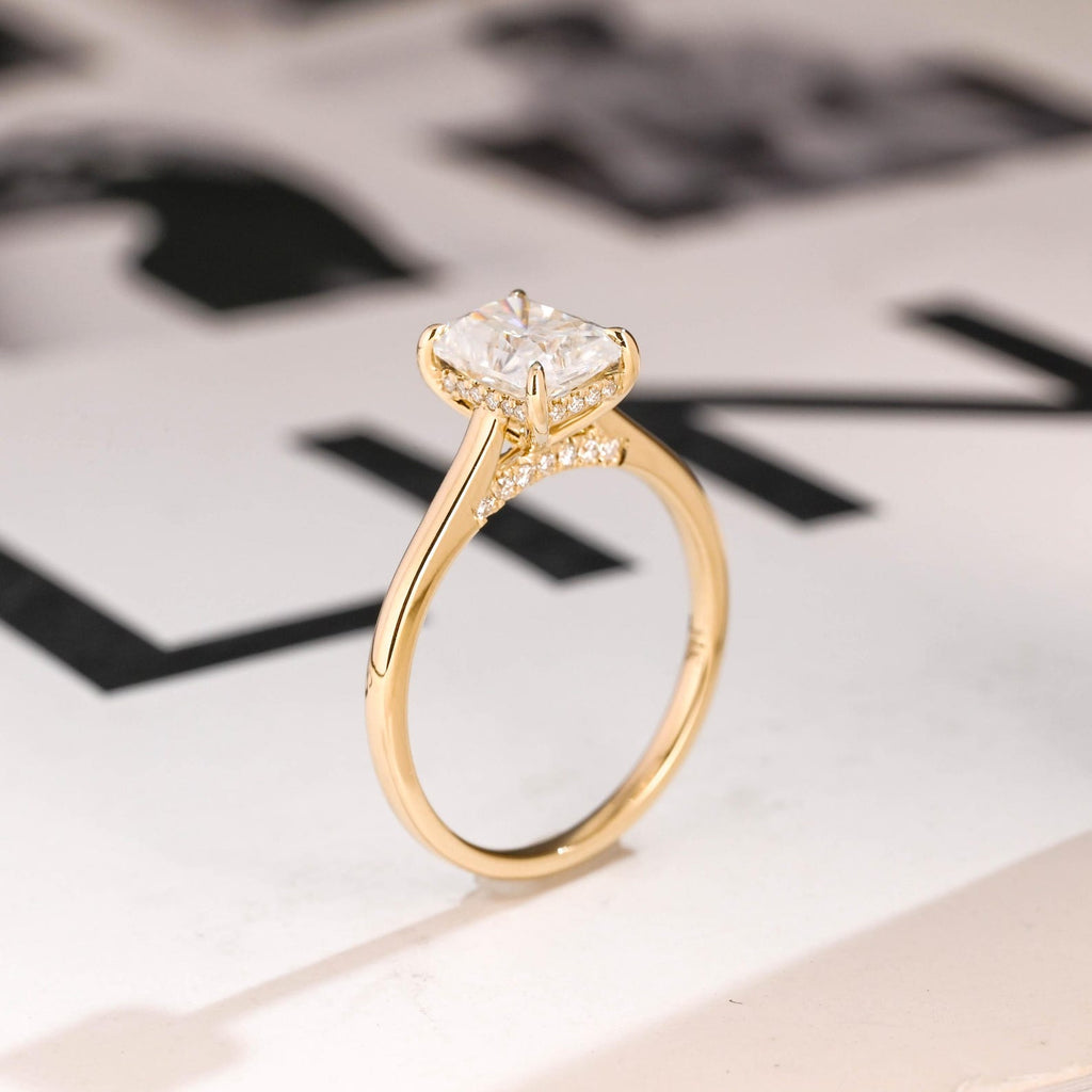 Solid Gold Radiant Cut Moissanite Engagement Ring, Cathedral Hidden Halo Ring